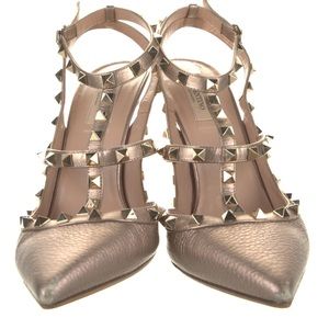 Valentino Leather T-Strap Pumps . Gold and metallic